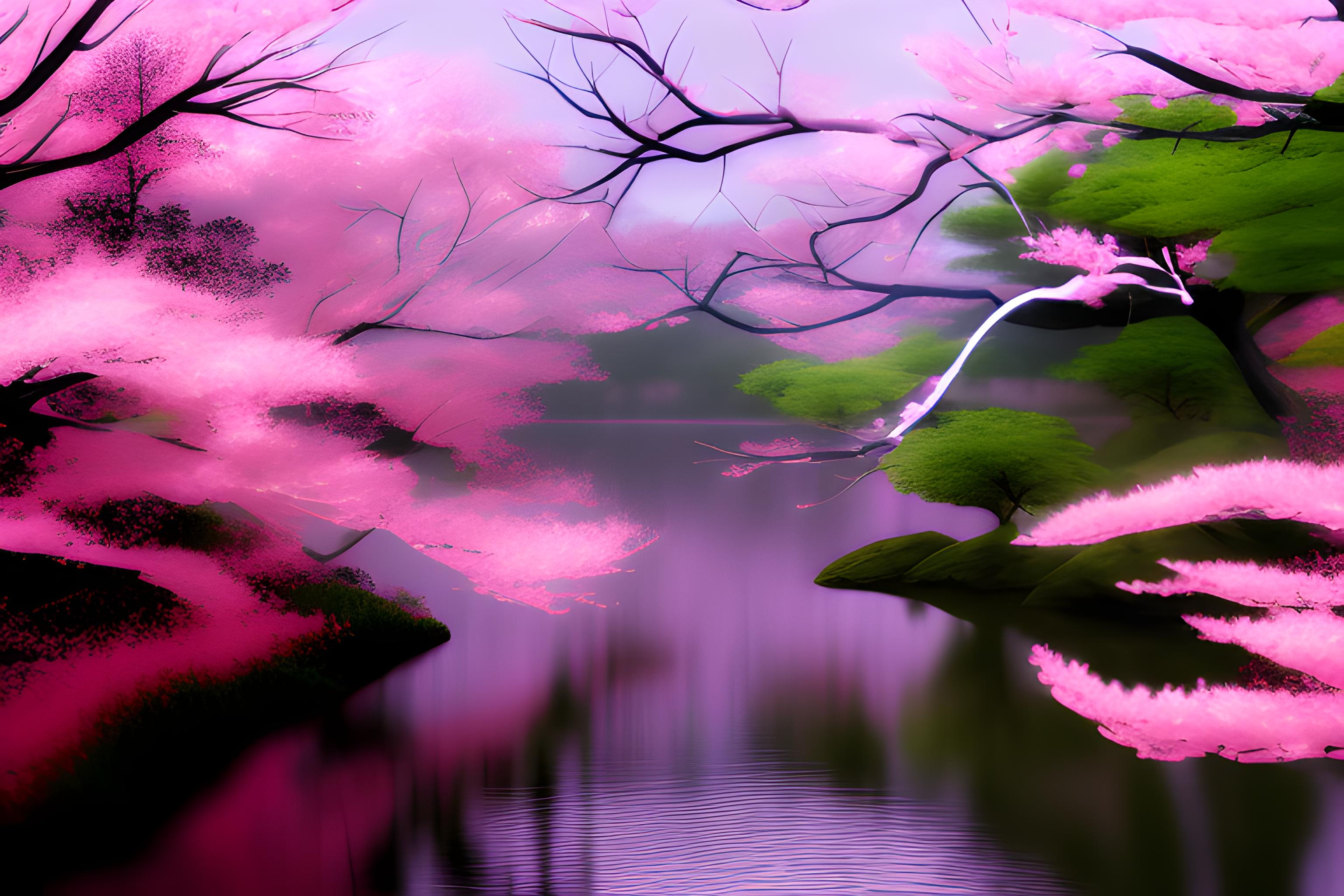 Japanese dark and pinkish nature with the river and sakura
